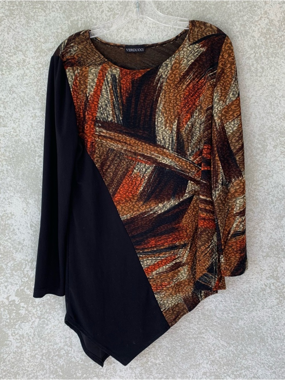 Verducci Women's Medium Black & Brown Abstract Print Asymmetric‎ Top
